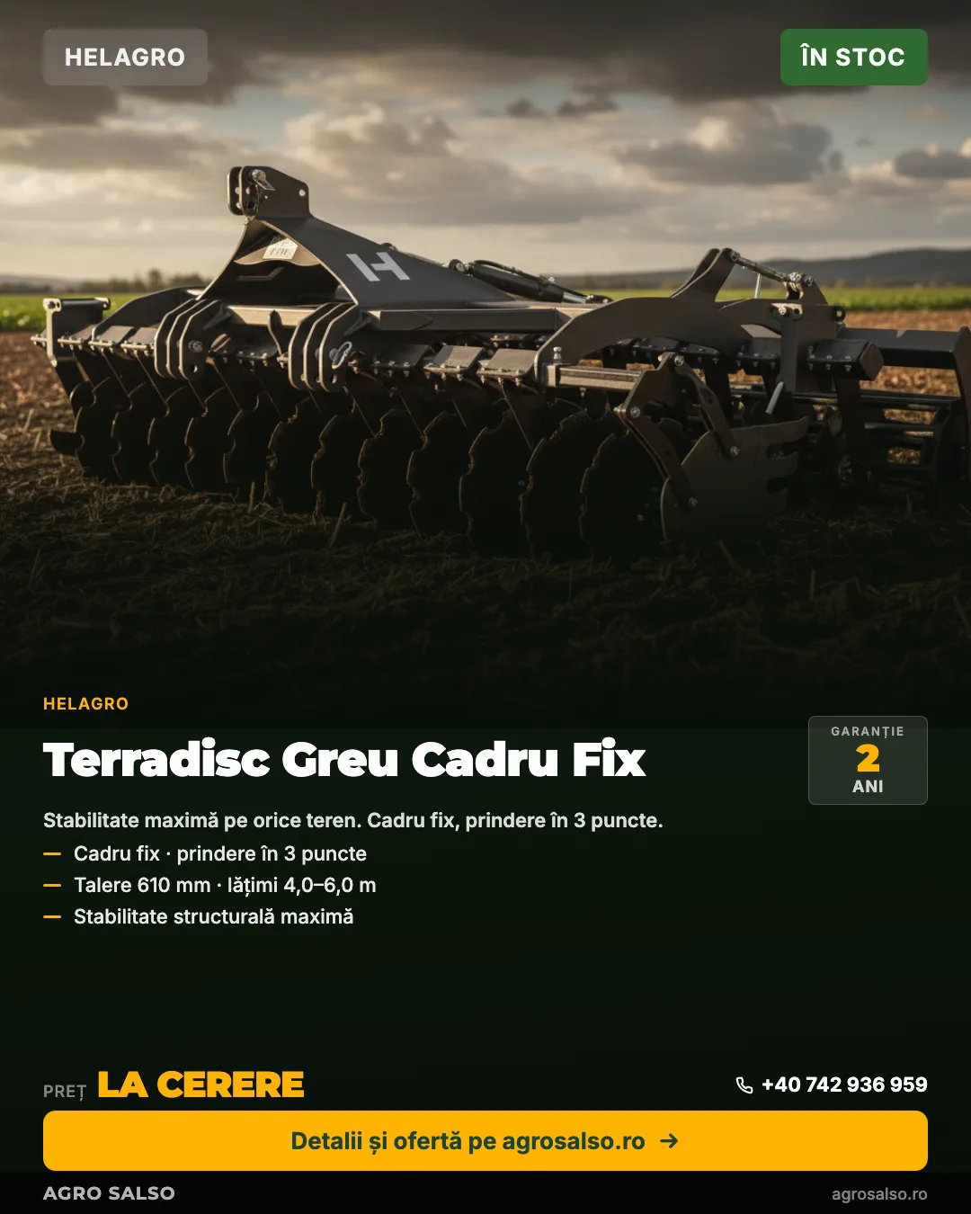 Agro Salso product card — Terradisc Greu fixed frame, specs and warranty