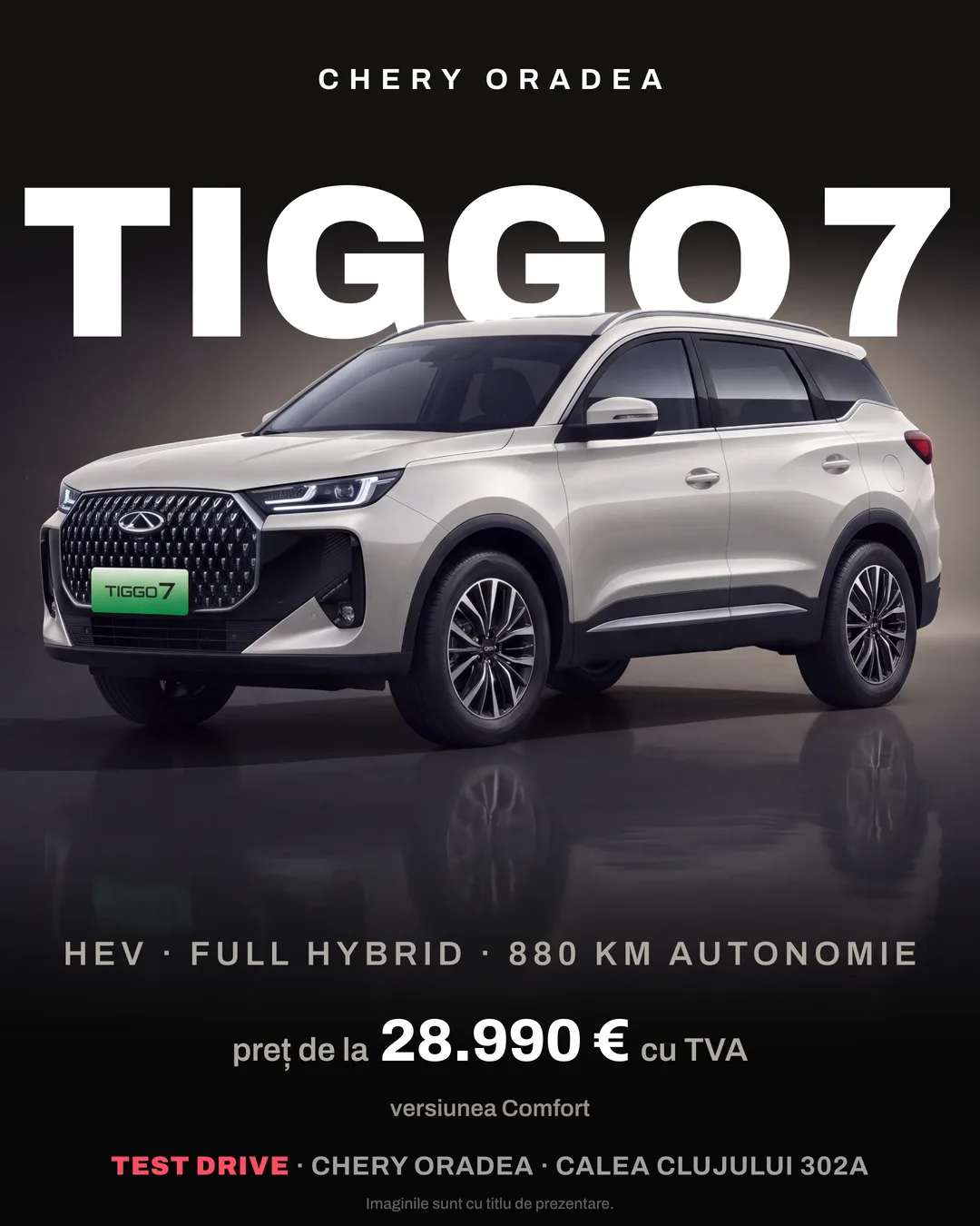 Chery Oradea social post — Tiggo 7 HEV, September list price