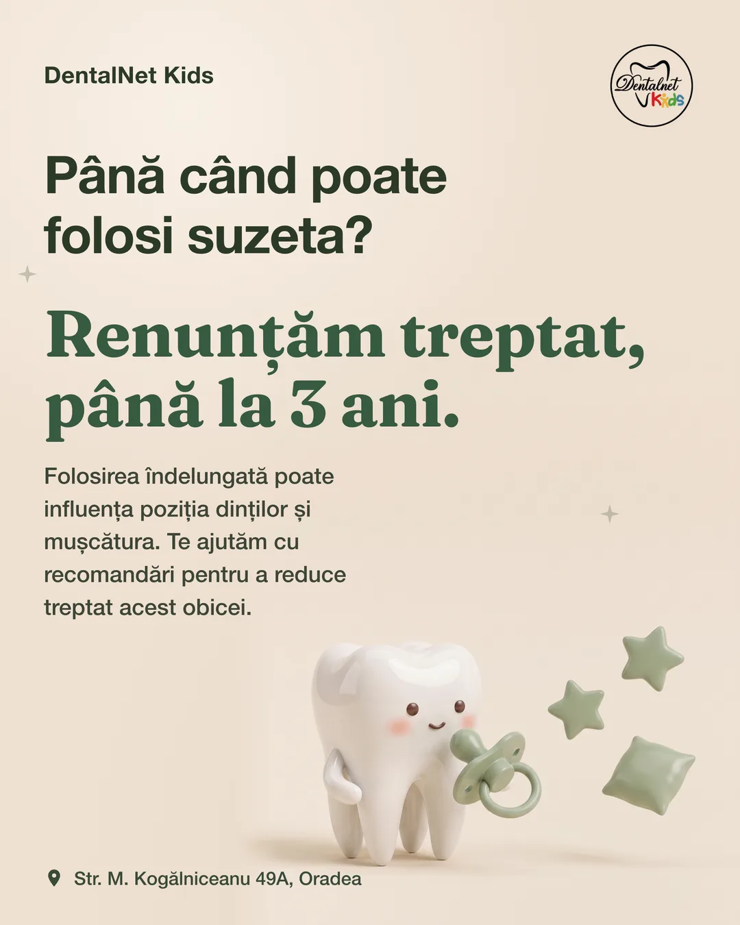 DentalNet Kids educational post — how long the pacifier is OK, the clinic mascot