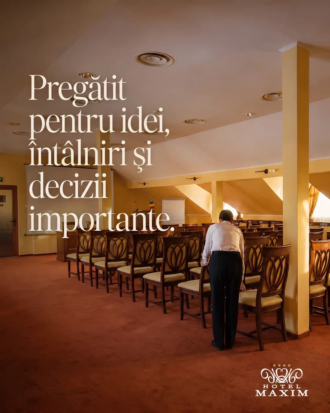 Hotel Maxim social post — the conference room, set for meetings