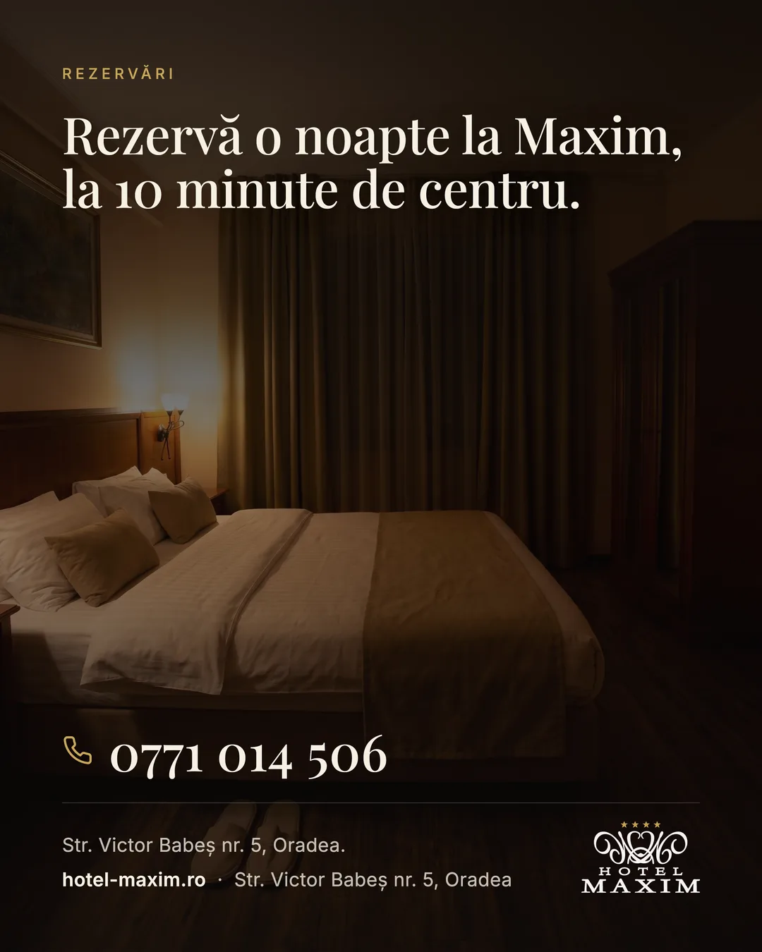 Hotel Maxim social post — bookings, bedroom at night, phone and address