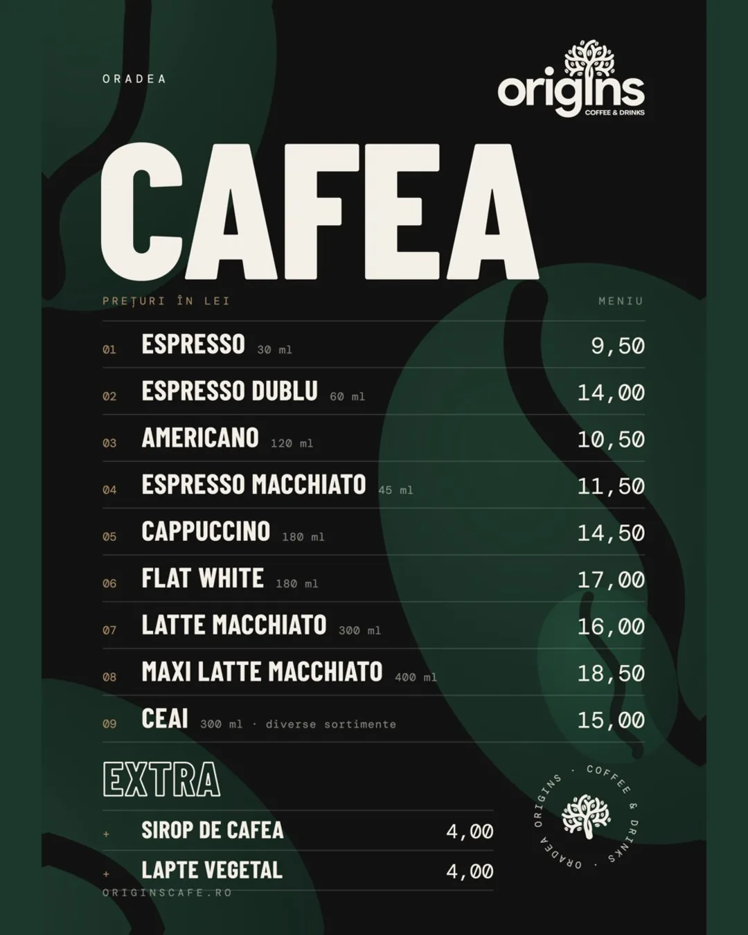 Origins coffee menu — typographic design, prices per drink