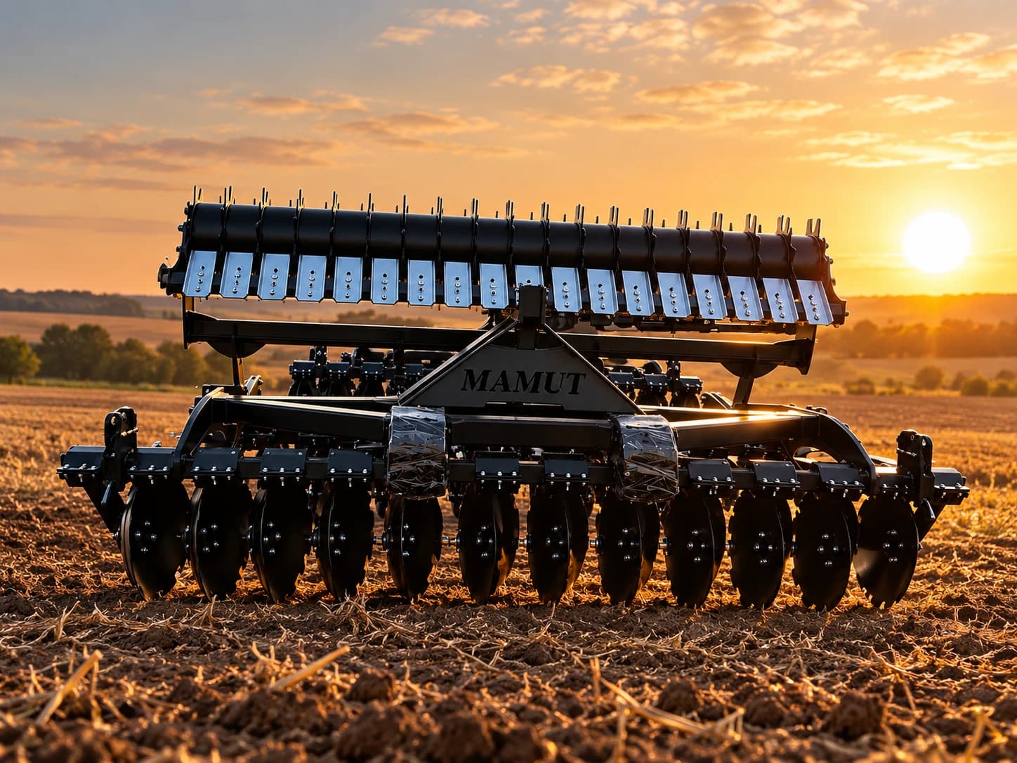 Mamut tillage machine with disc blades in a field at sunset