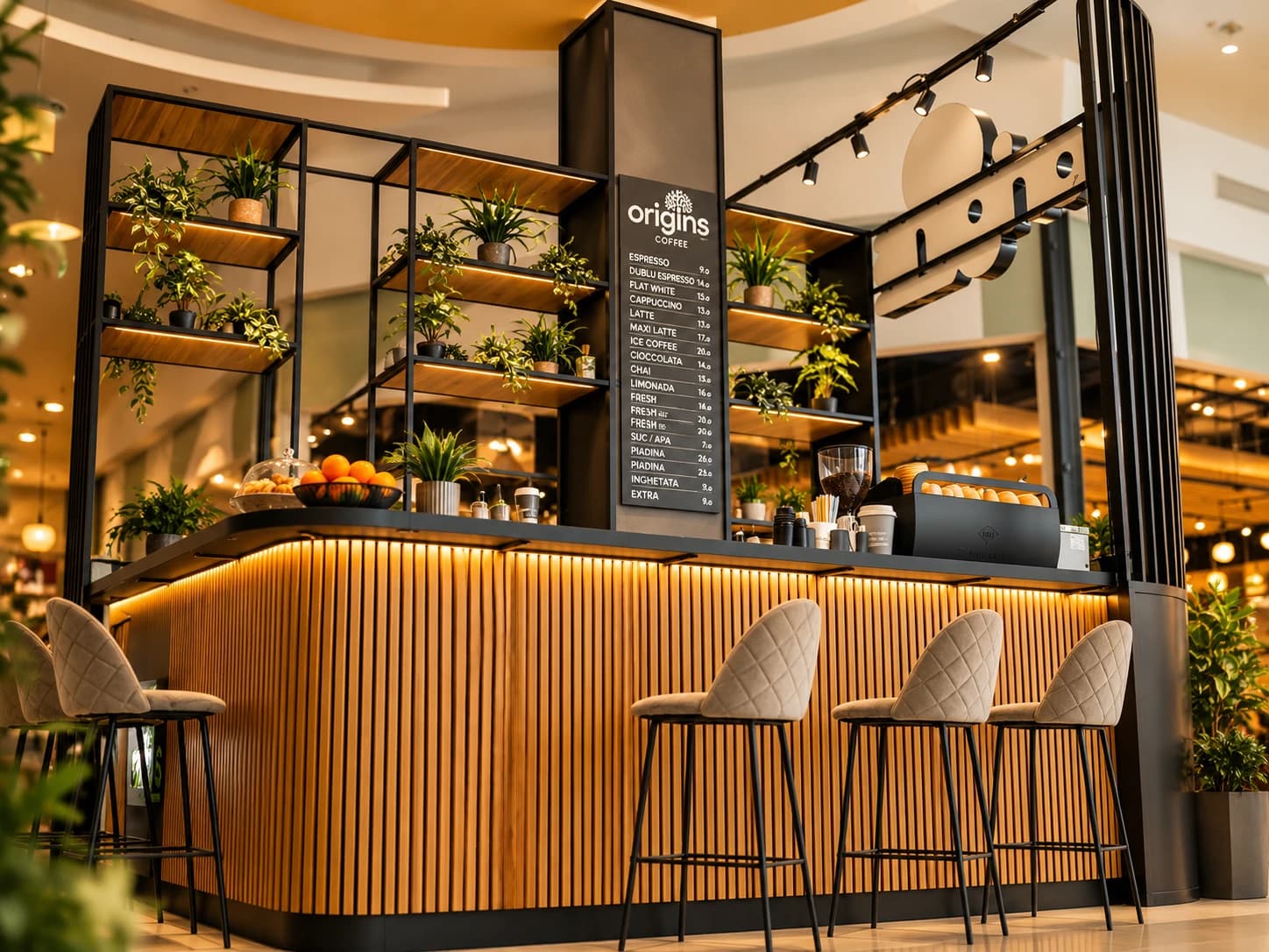 Origins Coffee counter with plant shelves and the menu board