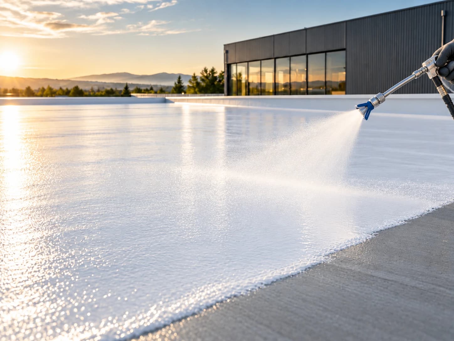 White coating sprayed onto a flat industrial roof