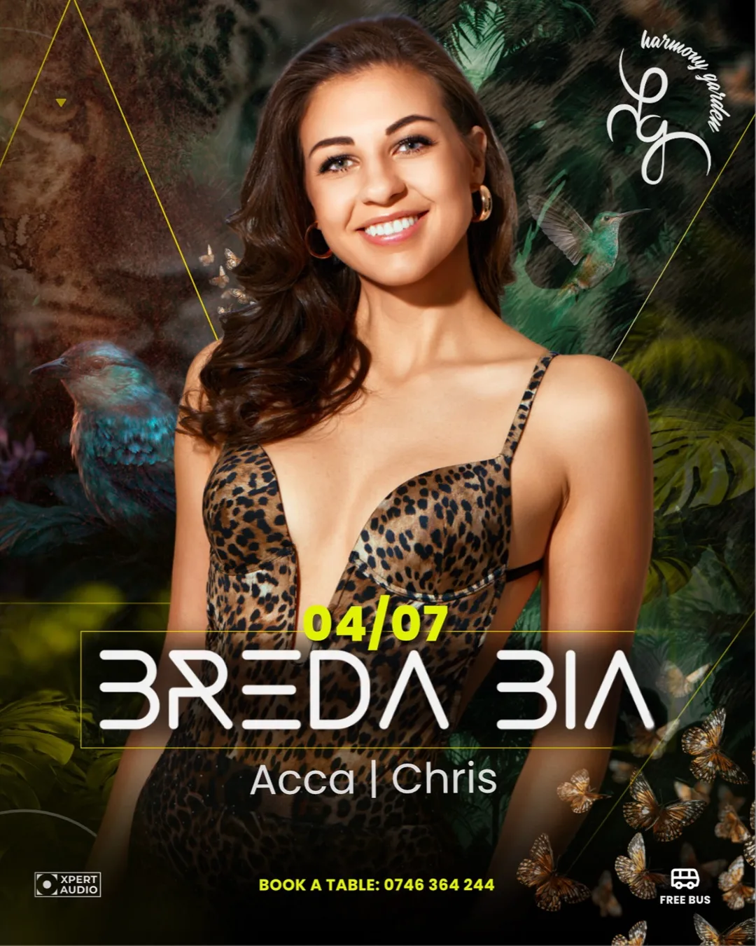 Harmony Garden flyer — Breda Bia, 4 July, with Acca and Chris